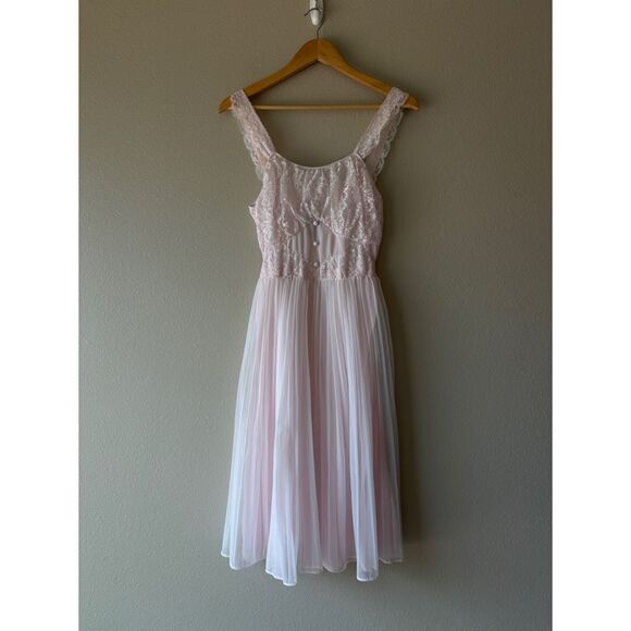 vintage 50s pink lace sheer night gown pleated dress - Picture 1 of 8